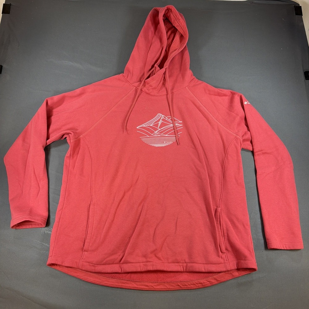 coral-red Columbia women's hoodie featuring a white mountain landscape graphic